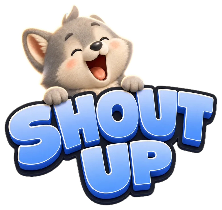 Shout Up logo: Juno the wolf pup over the words Shout Up