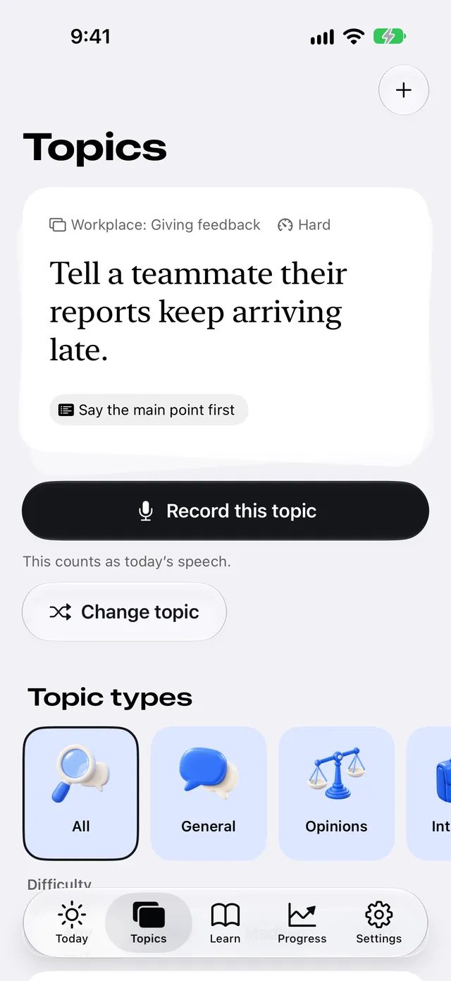 The Topics screen with today’s topic card and a Record this topic button