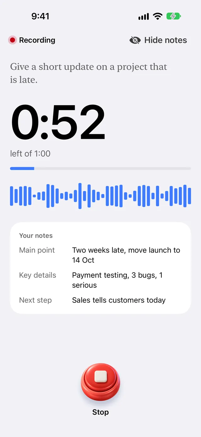 The recording screen with a 0:52 countdown, a live waveform and your notes